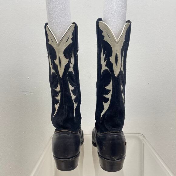 Vintage Dan Post Men’s Black White Tooled Suede Leather Cowboy Boots 6.5 M - Picture 4 of 12
